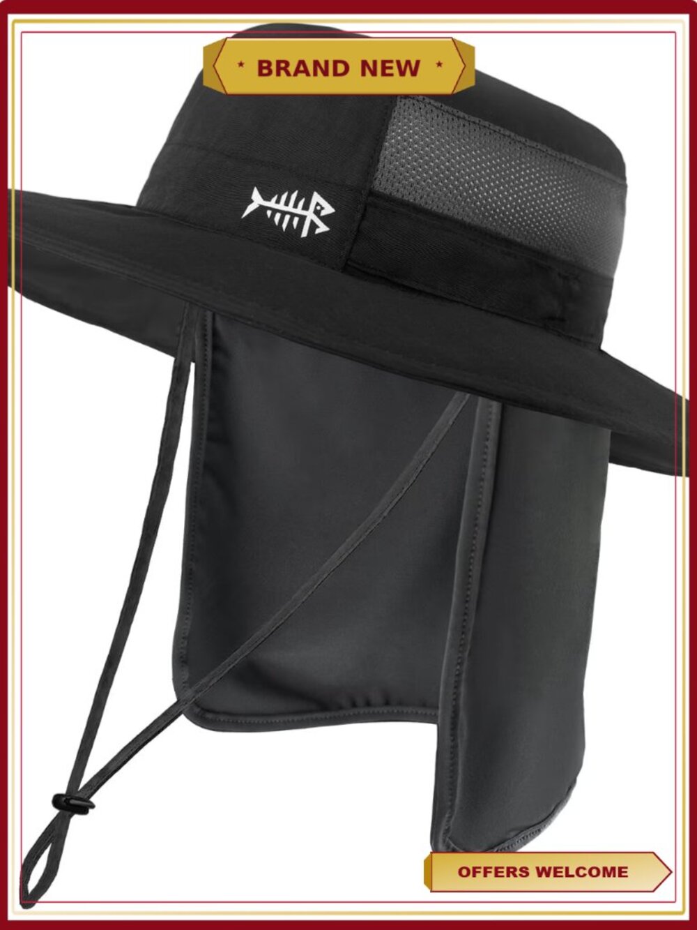 UPF 50+ Sun Fishing Hat Water Resistant Detachable Neck Flap Wide Brim